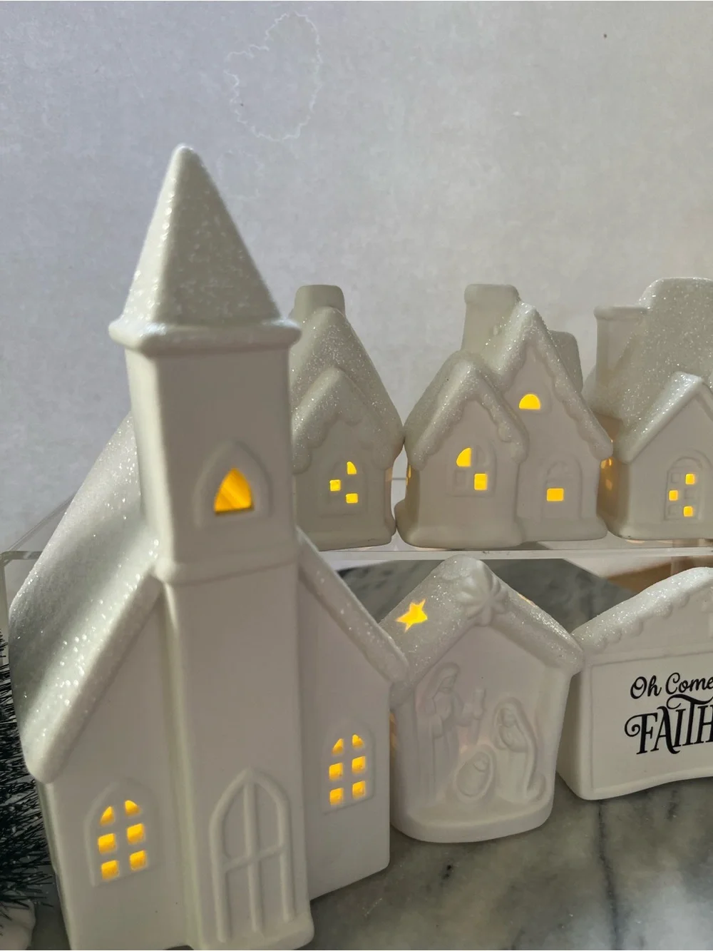 White Ceramic Christmas Village Set O Come All Ye Faithful Light Up 6 bisque pcs